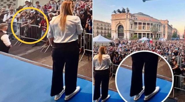 Meloni posta foto deformata in cui sembra che abbia i piedi giganti