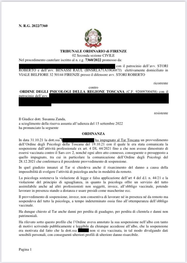 Obbligo vaccinale, sentenza del Tribunale di Firenze: psicologa sospesa perch&eacute; non vaccinata vince ricorso contro l'Ordine degli Psicologi di Toscana