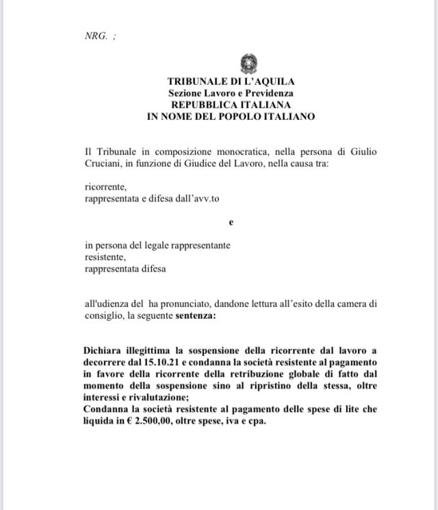 Obbligo vaccinale, sentenza del Tribunale de l'Aquila sanziona per 2.500&euro; azienda che aveva sospeso lavoratore non inoculato contro il covid 