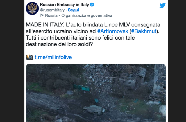 Guerra in Ucraina, l'Ambasciata russa su Twitter ai contribuenti italiani: "Made in italy l'auto blindata Lince dell'esercito ucraino. Felici con tale destinazione dei vostri soldi?"