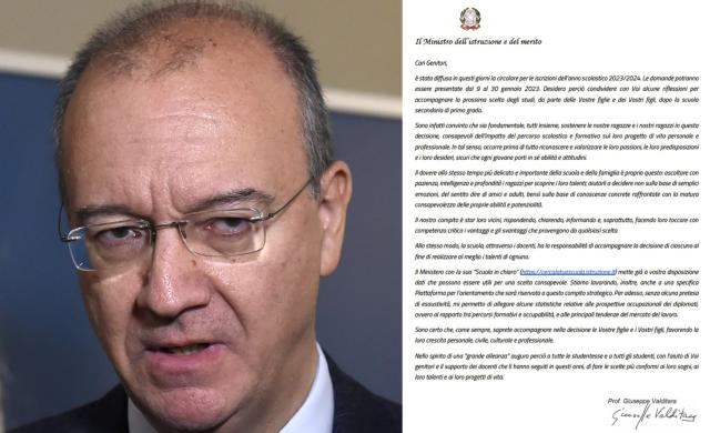 Scuola, Valditara scrive una lettera alle famiglie per la scelta dell'istituto e annuncia "la riforma della Matematica"