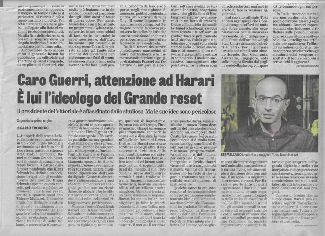 Caro Guerri, attenzione ad Harari. E' lui l'ideologo del Grande reset 