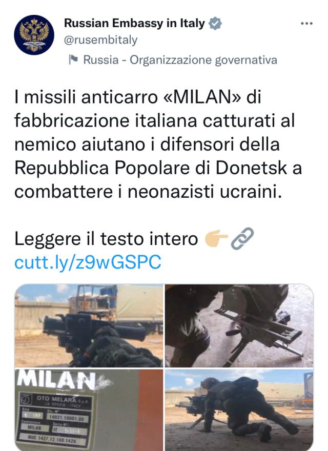 Ucraina, l'Ambasciata russa: "Catturati i missili italiani Milan"