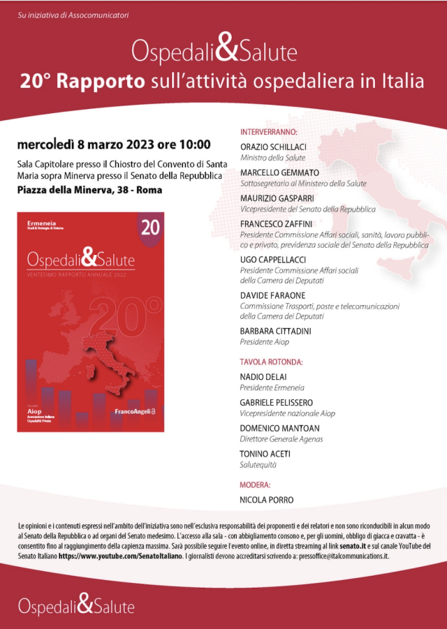 Aiop presenta il 20&deg; Rapporto sull&rsquo;attivit&agrave; ospedaliera in Italia &ldquo;Ospedali&Salute&rdquo;