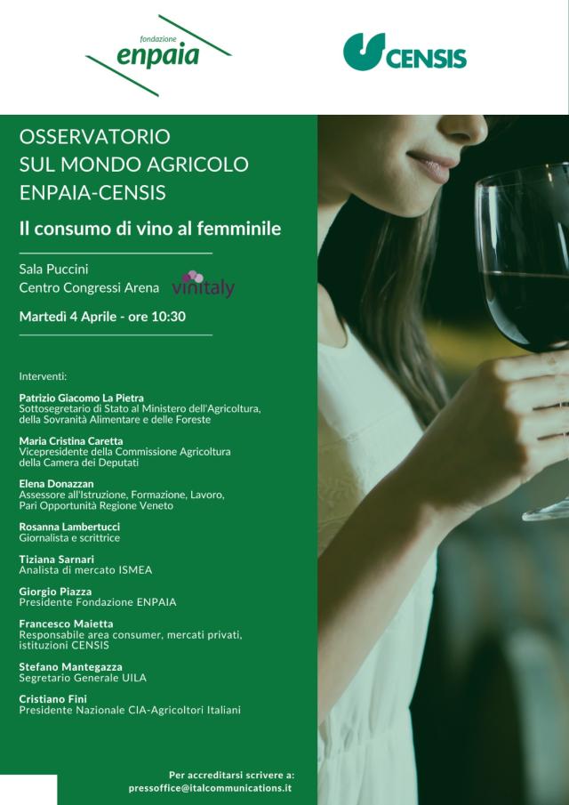 Domani presentazione Osservatorio Mondo Agricolo Enpaia-Censis "Il consumo di vino al femminile"