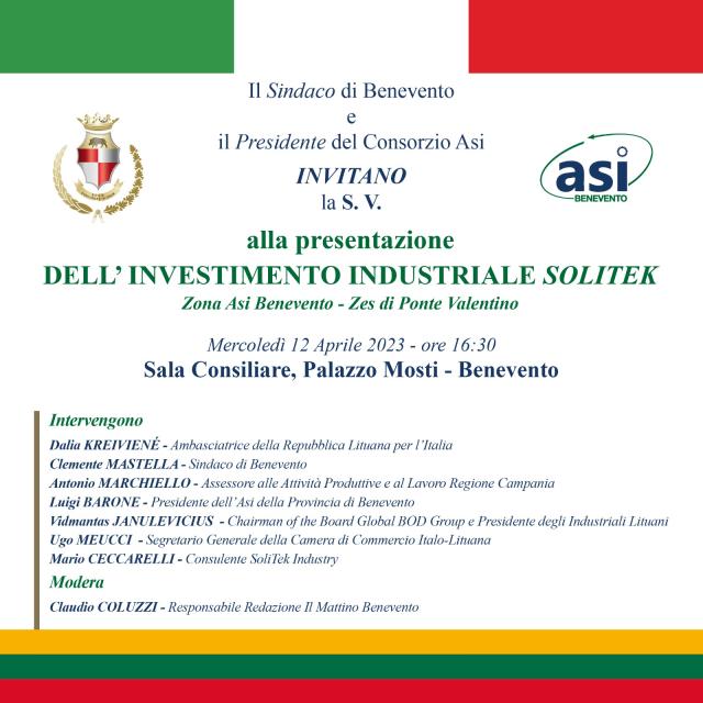 Presentazione dell&rsquo;investimento industriale SoliTekZona Asi Benevento &ndash; Zes di Ponte Valentino