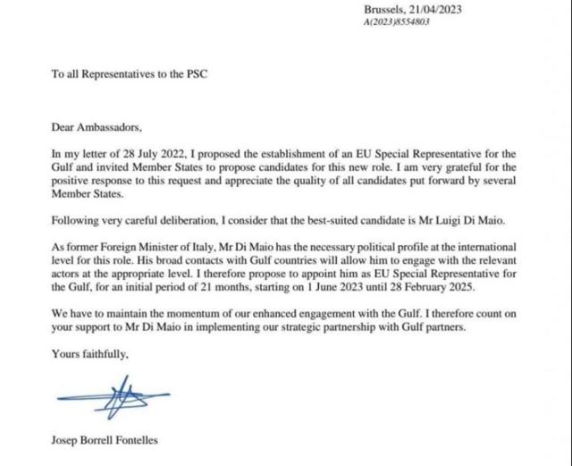 Di Maio nuovo incarico come inviato speciale per il Golfo Persico, il testo della lettera di Borrell