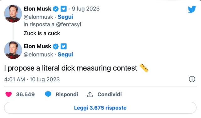 "Zuck &egrave; un cornuto": Elon Musk si scatena su Twitter contro Mark dopo che Threads raggiunge 100mln di iscritti