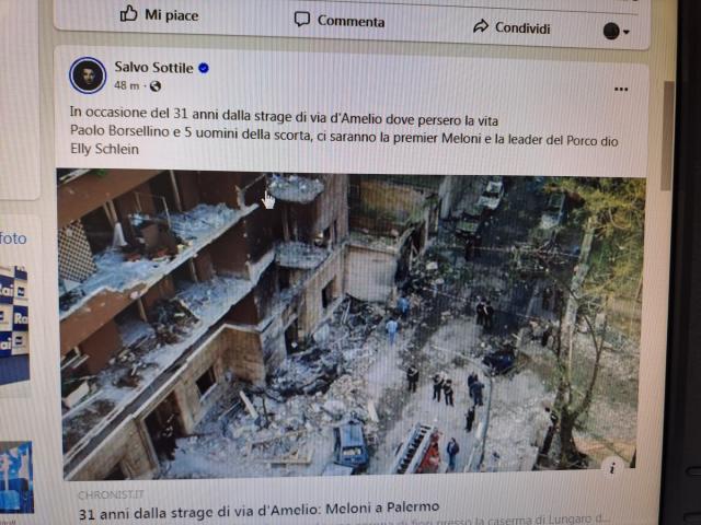 Salvo Sottile sui 31 anni della Strage di via D'Amelio: "Ci saranno la premier Meloni e la leader del P**** D** Elly Schelin"; il post poi rimosso