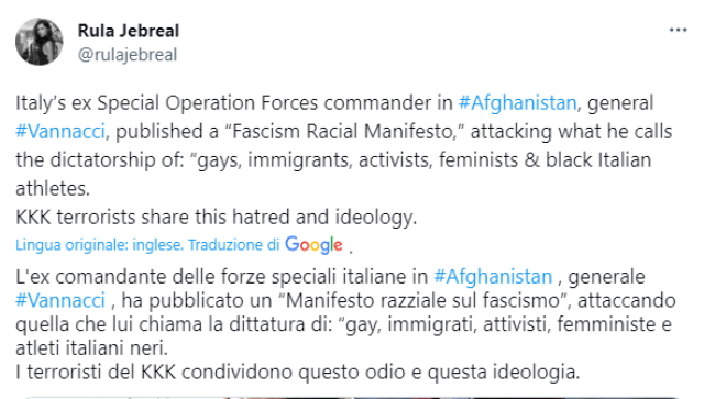 Vannacci, Jebreal su Twitter: &ldquo;Libro manifesto razziale sul fascismo, ideologia da terrorista del Ku Klux Klan&rdquo;