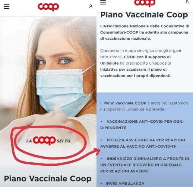 Vaccino Covid, nel piano vaccinale Coop, una polizza assicurativa per effetti avversi sui dipendenti