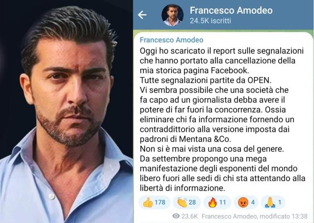 Censura Facebook, il giornalista Amodeo: "Io contraddittorio ai padroni di Mentana, fact checkers di OPEN mi segnalano e FB cancella la mia pagina"