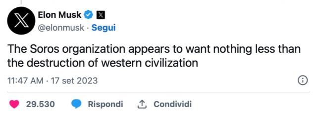 Musk attacca Soros sui migranti a Lampedusa: "C'&egrave; lui dietro gli sbarchi, vuole distruggere l'Occidente"