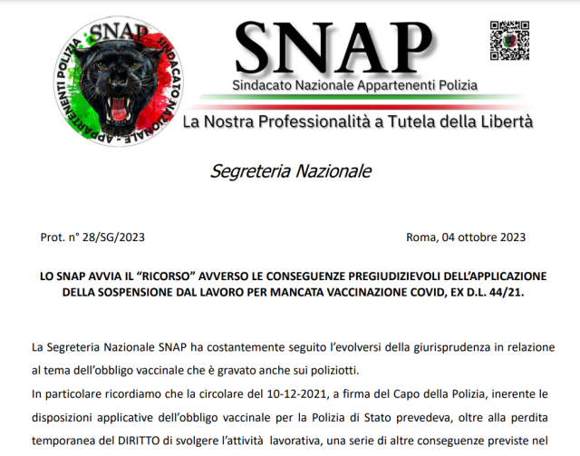Vaccino Covid obbligatorio e diritto al lavoro, SNAP fa ricorso contro le sospensioni e il mancato stipendio dei poliziotti non vaccinati 