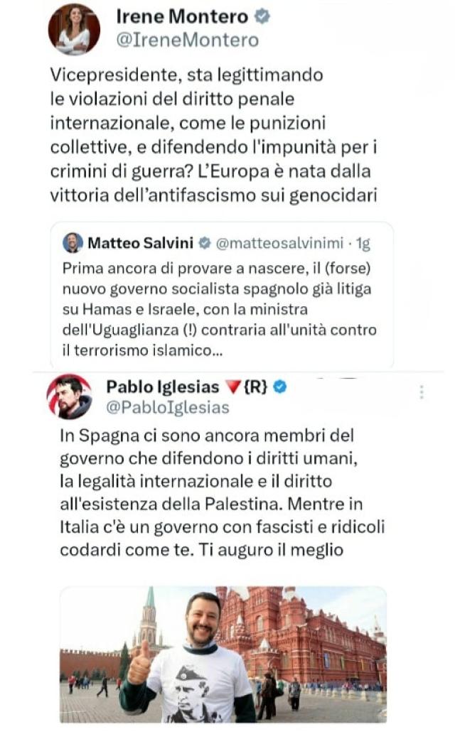 Gaza, Salvini contro il ministro spagnolo Irene Montero: "Non riuscite neanche a condannare Hamas". Il marito Pablo Iglesias: "In Italia governo di fascisti e codardi come te"