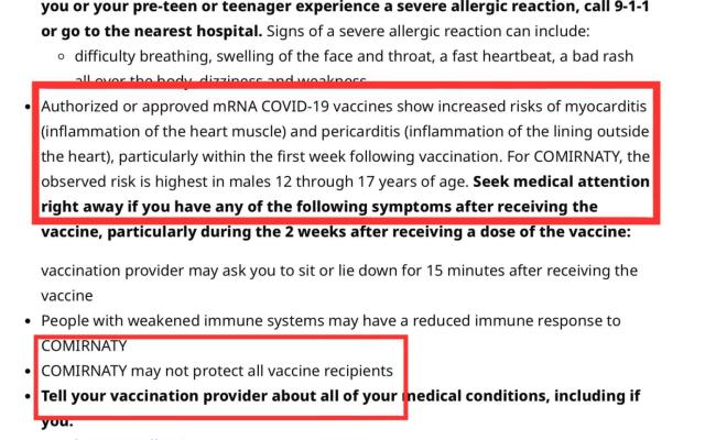 Vaccini Covid a mRNA, Pfizer ammette gli effetti avversi: "incremento rischio miocarditi e pericarditi, in particolare nei ragazzini 12 - 17 anni, e pu&ograve; non proteggere"