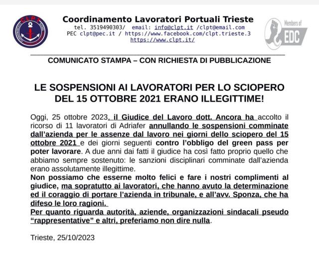 Green pass, tribunale di Trieste annulla le sospensioni per 11 portuali dell&rsquo;Adriafer comminate per lo sciopero del 15 ottobre 2021