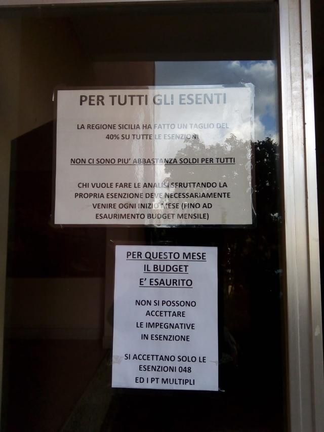 Regione Sicilia, taglio di oltre il 40% per i ticket sanitari esenti, esaurito il budget si deve pagare