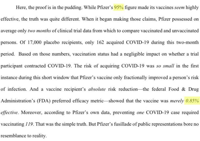 Texas fa causa a Pfizer, "efficacia del vaccino Covid &egrave; dello 0,85%, non 95%: censurata verit&agrave; e raccontate fake news&rdquo; - PDF