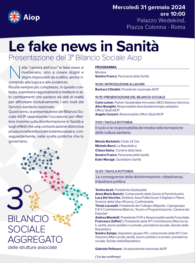 &ldquo;Le fake news in Sanit&agrave;&rdquo;, presentazione del 3&deg; Bilancio Sociale AIOP