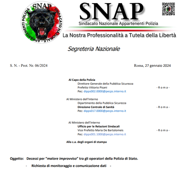 Morti improvvise nella polizia, 5 decessi in due giorni, Snap: "&Egrave; una strage silente, chiediamo monitoraggio e controlli"