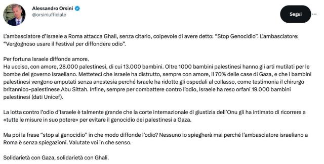 Ambasciatore Israele contro Sanremo, Orsini: "Ghali diffonde odio? Tel Aviv ha ucciso con amore 28mila palestinesi e 1000 bambini hanno gli arti mutilati"