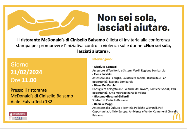 Violenza sulle donne. Ristorante McDonald's di Cinisello Balsamo: &ldquo;Non sei sola, lasciati aiutare&rdquo; 