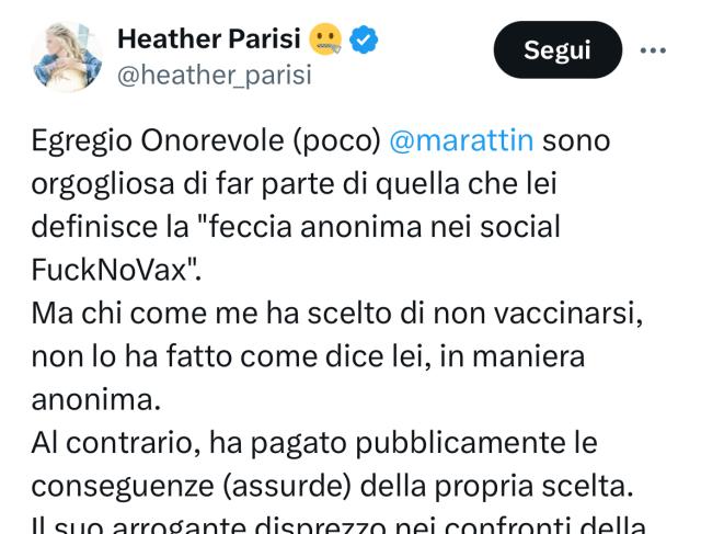 Lettera a Luigi Marattin: "Orgogliosa di far parte della 'feccia anonima nei social FuckNoVax', ho pagato le conseguenze ma sono libera a differenza sua"