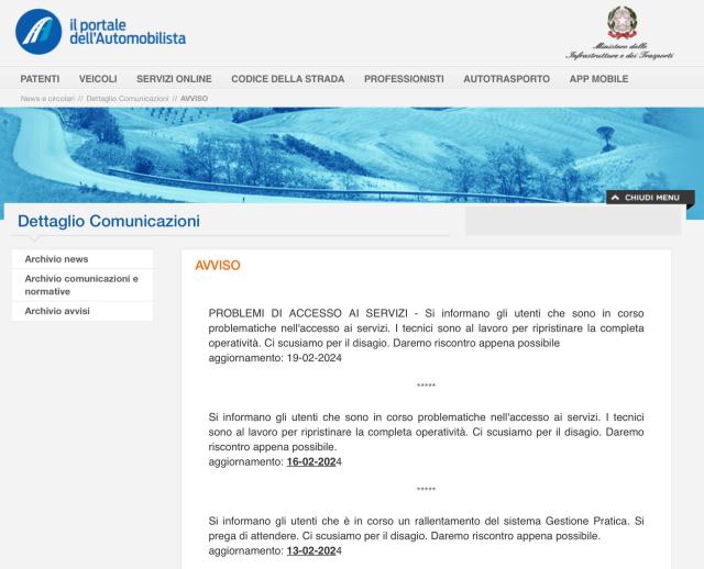 Il portale dell'automobilista:"Problemi di accesso al servizio", in tilt da giorni l'unica piattaforma per pagamenti su conseguimento patenti