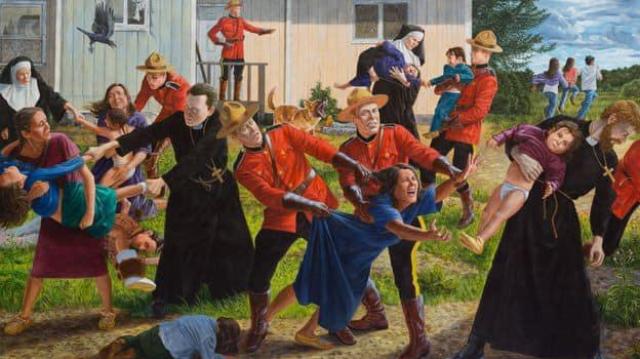 &ldquo;L&rsquo;Urlo&rdquo; dell&rsquo;artista canadese nativo americano Kent Monkman, il dipinto  che raffigura una scena caotica