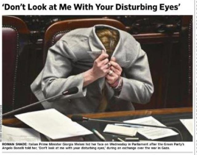 Wall Street Journal mette Meloni con la testa nella giacca in prima pagina: "Don't look at me with your disturbing eyes"