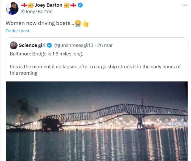 Baltimora, la frase choc dell'ex calciatore Joey Barton sul crollo del ponte: "Adesso le donne guidano le navi"