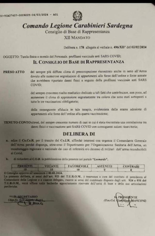 Comando Legione Carabinieri Sardegna: "Morti improvvise e reazioni avverse al vaccino Covid nell'arma, serve monitoraggio sui decessi da virus"