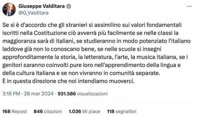 Valditara, il post con errore di grammatica del ministro: &ldquo;Se nelle scuole si insegni&rdquo;, il web: &ldquo;Se nelle scuole si insegni, di sicuro si impari"