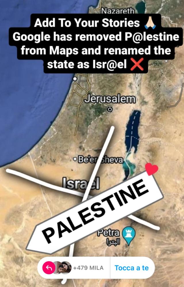 Gaza, &ldquo;Google ha rimosso la Palestina dalle mappe e l&rsquo;ha rinominata Stato di Israele&rdquo;, la nuova iniziativa social dopo &ldquo;all eyes on Rafah&rdquo;
