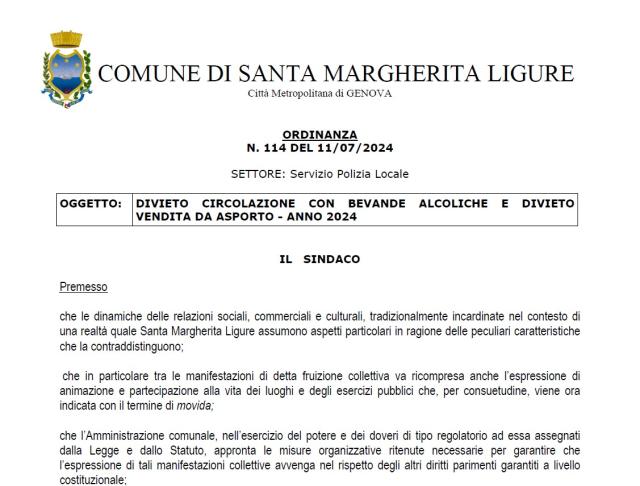 Santa Margherita Ligure, virata del neo-sindaco Caversazio al decoro urbano, no al costume fuori dalla spiaggia, vietati alcolici di notte - PDF
