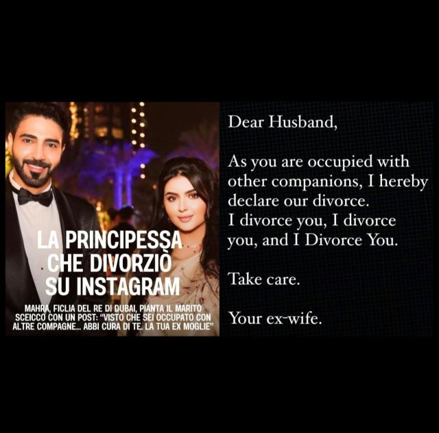 Principessa di Dubai lascia il marito su Instagram: "Visto che passi il tempo con altre, divorzio da te, la tua ex moglie"