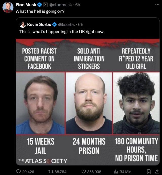 Elon Musk e la denuncia contro l'immigrazione in Uk: "Perch&egrave; non tutte le comunit&agrave; sono protette?"