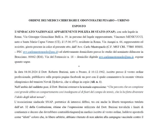 SNAP, esposto contro Burioni per post su Djokovic: "Indecoroso definire idiota chi non ha fatto vaccino Covid in libero arbitrio"