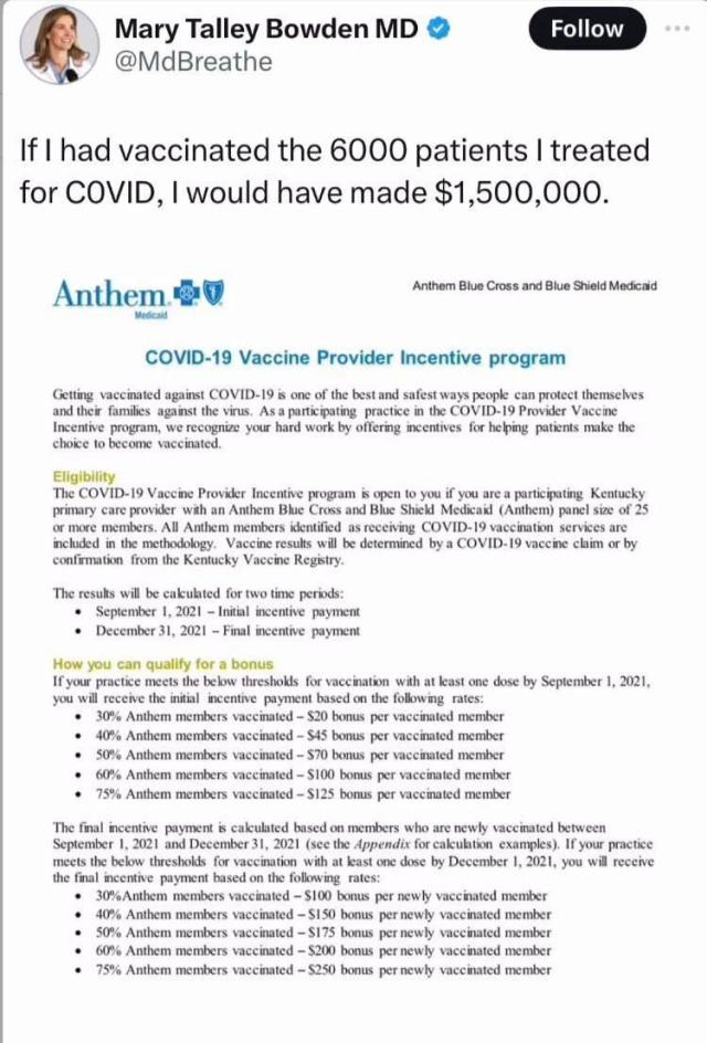 "L'assicurazione Usa Anthem dava percentuali ai medici per somministrare vaccini-Covid", il tariffario pubblicato da Mary Talley Bowdan 