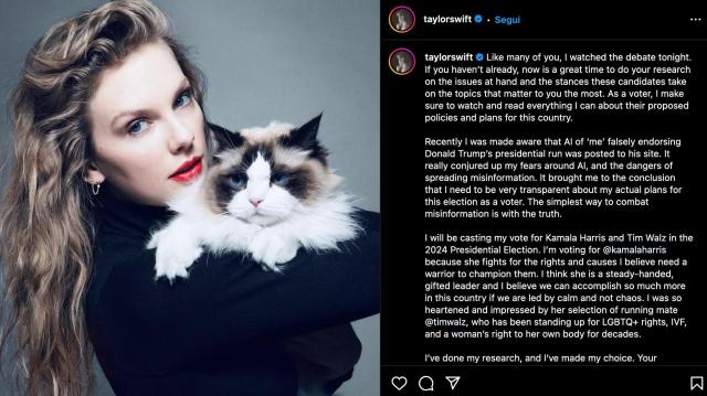 Taylor Swift d&agrave; l'endorsement a Kamala Harris: "Meglio lei che il caos", Musk: "Conduttori non imparziali, forza Trump"