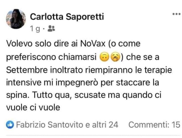 Vaccino Covid, l'infermiera Carlotta Saporetti attacca i "no-vax": "Se riempirete le terapie intensive vi staccher&ograve; la spina"