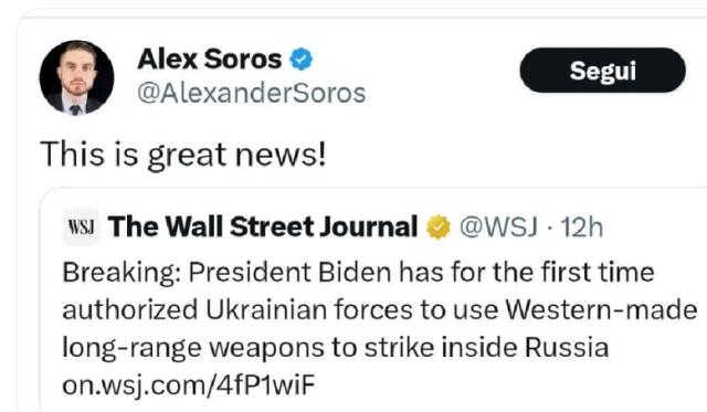 Soros jr giubila per il fatto che l'Ucraina potr&agrave; ora utilizzare armi a lungo raggio contro la Russia