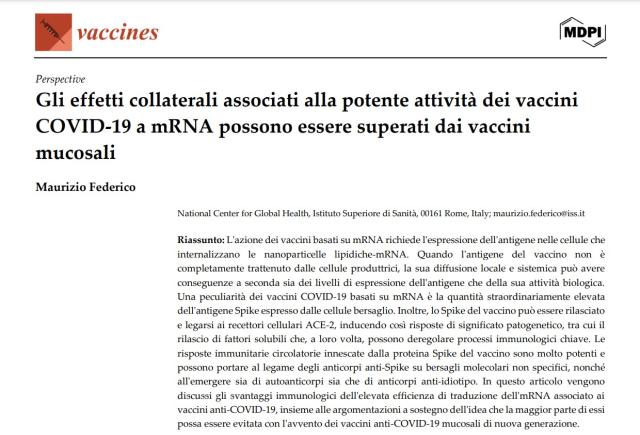 Vaccino Covid a mRNA, Maurizio Federico (ISS): "Accertate mio-pericarditi, pu&ograve; causare cancro e malattie autoimmuni come effetti avversi, ipotesi sieri mucosali" - STUDIO su MDPI