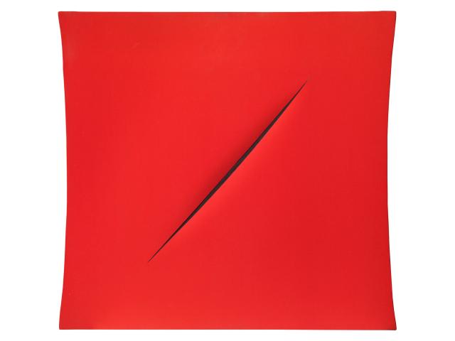 Lucio Fontana, Concetto spaziale, Attesa, 1959, idropittura su tela, rosso, cm 80 x 80