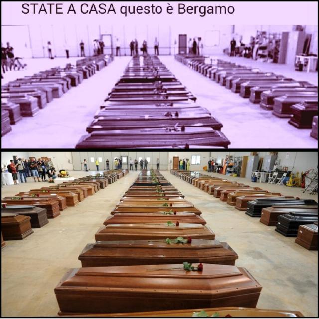 Covid Bergamo, la foto allarmistica e fake delle bare esposte in fila in un hangar "STATE A CASA" &egrave; dei migranti morti nel nubifragio di Lampedusa&nbsp;nel&nbsp;2013