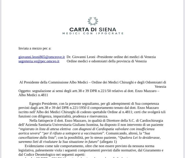 Trieste, esposto di Carta di Siena contro il cardiochirurgo Enzo Mazzaro: "Il vaccino Covid non &egrave; un obbligo per fare un'operazione, violata libert&agrave; personale"