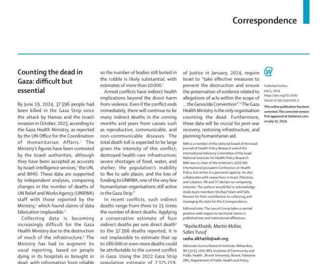 Gaza, oltre 64mila morti civili al 30 giugno 2024, il 41% in pi&ugrave; rispetto alle stime ufficiali, deceduto "1 abitante ogni 35&rdquo;, uccisi "oltre 20mila bambini" - STUDIO THE LANCET