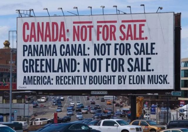 Usa, "Canada, Panama e Groenlandia non sono in vendita mentre gli Stati Uniti sono stati comprati da Musk", il cartellone virale