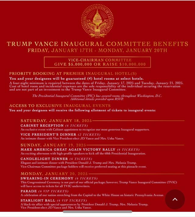 Insediamento Trump, il LISTINO per la partecipazione agli eventi: 10mln$ per il ricevimento al gabinetto presidenziale e per la cena con il neo presidente e Vance
